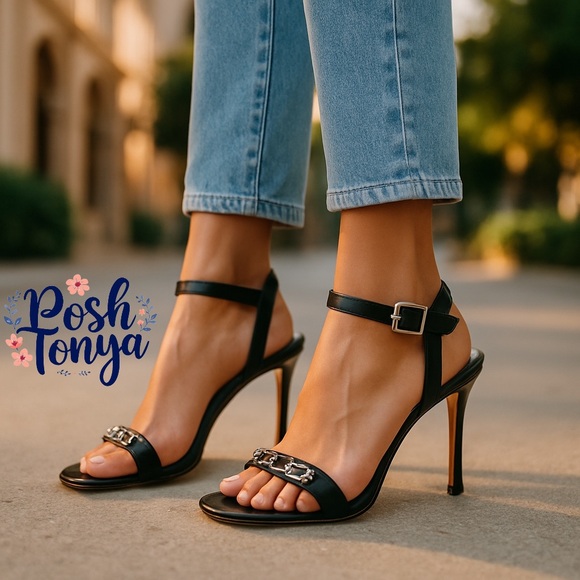 Coach Bonnie Black Leather Chain Strap Stiletto Heel Sandals Elegant Chic, Sz 8 - Picture 1 of 16